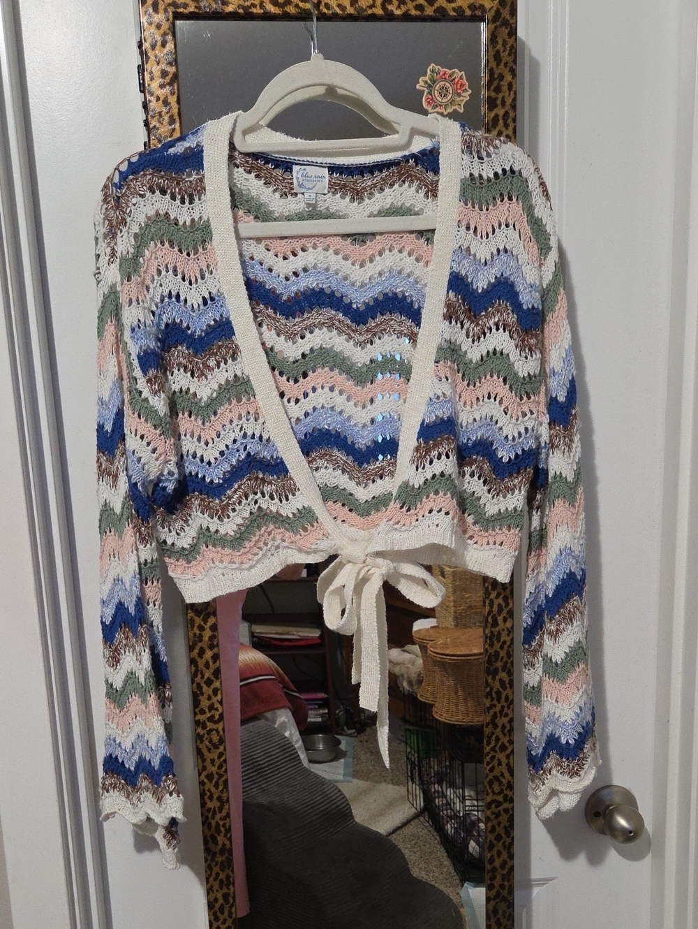 Blue Rain Crocheted Tie-Front Cardigan in Blue, Pink, Green, Brown, Cream, White